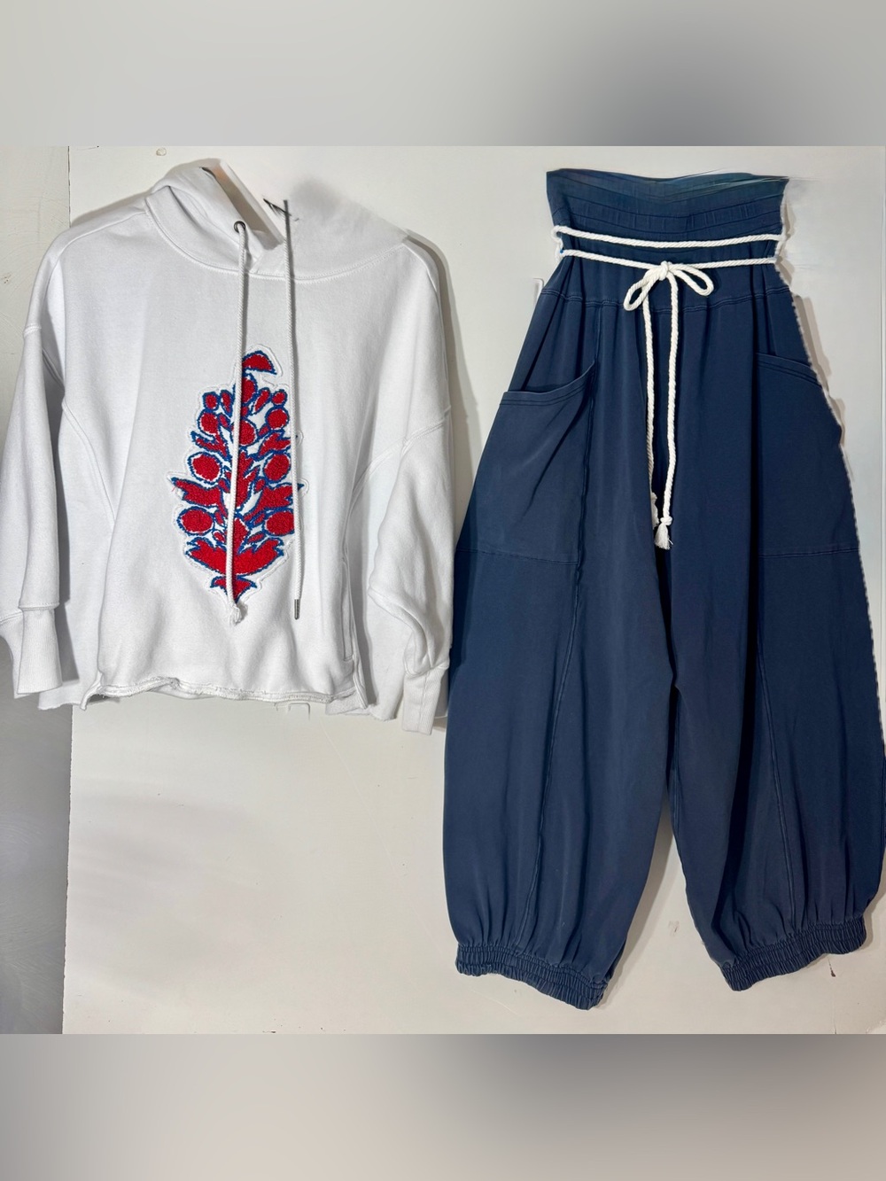 FREE PEOPLE BALLOON PANTS WITH ROPE BELT and CROPPED EMBROIDERED HOODIE!